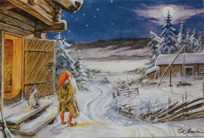 Julkort med gärdesgård, av Curt Nyström Stoopendaal